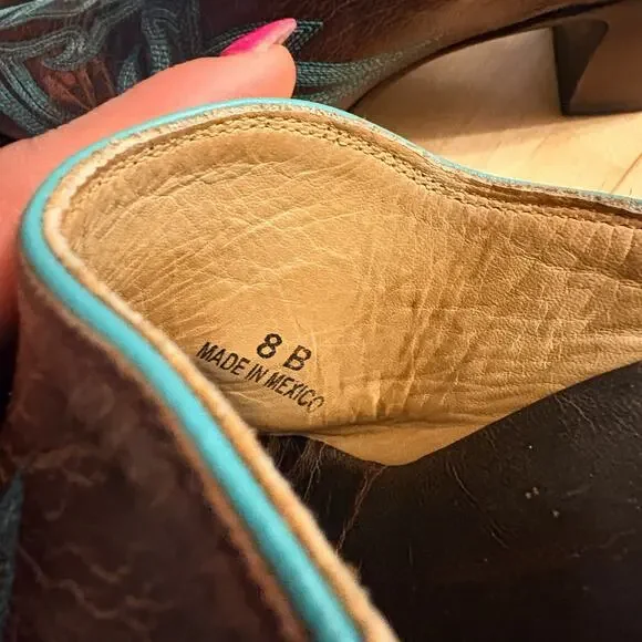 Old Gringo Leather Made In Mexico Brown w/ Teal Detail Western Style Mules sz 8 - Picture 13 of 14